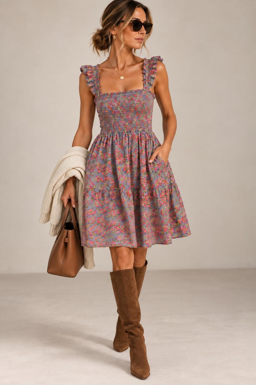 Pure Energy Gray Floral Smocked Cotton Midi Dress Cottagecore Size 2